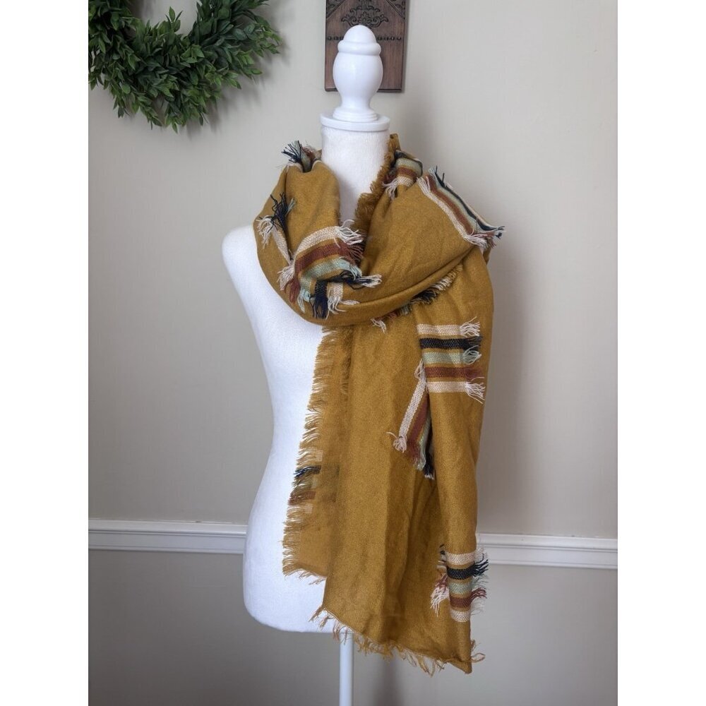 Madewell Mustard Embroidered Shawl Striped Boho Fringe 36"x75"